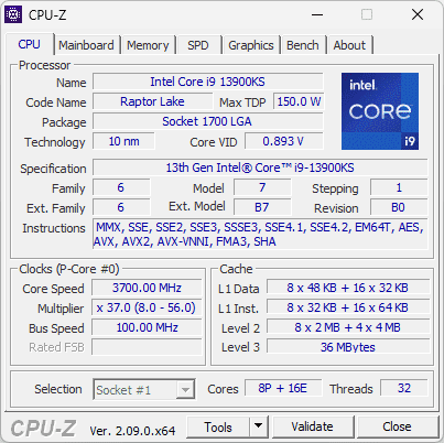 CPU-Z main window showing processor information